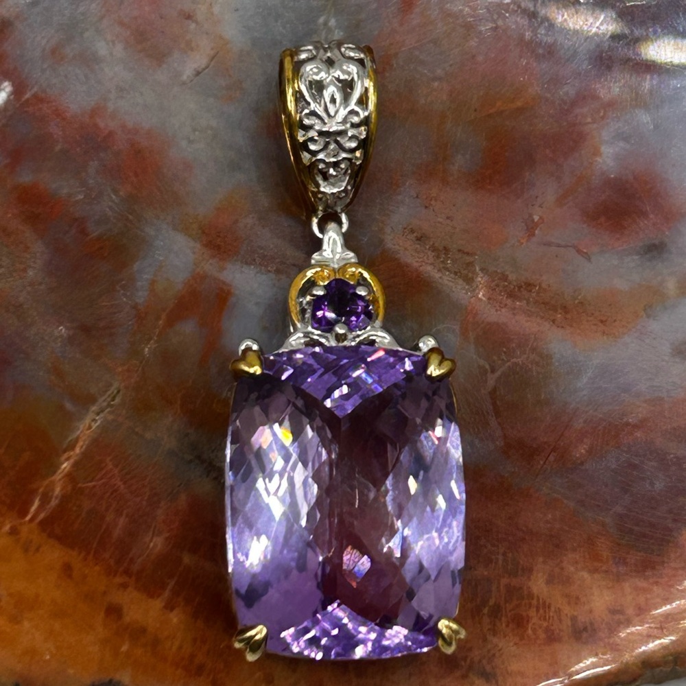Large Sterling Silver Amethyst Pendant, gold dipped accenting